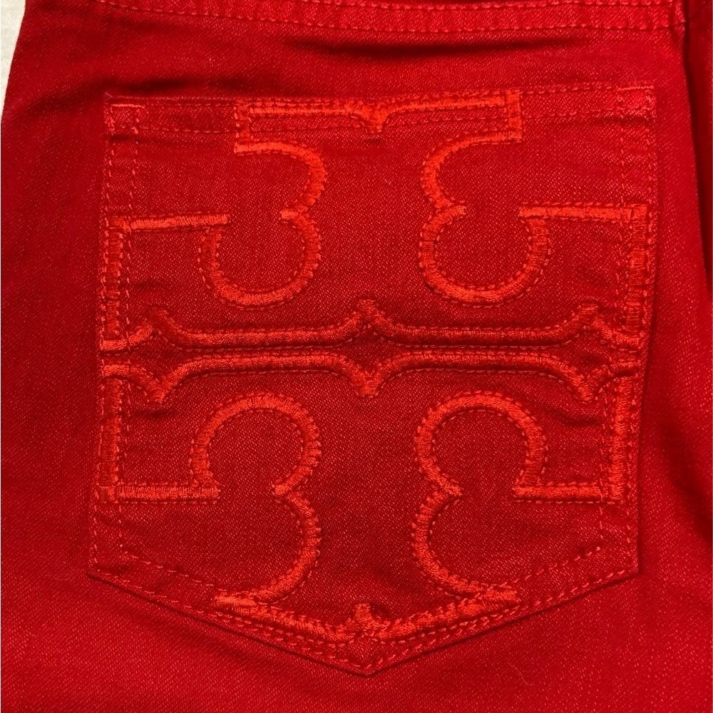 Tory Burch Red Cropped Skinny Jeans Embroidered Logo Pockets Size 26 denim NEW - Picture 6 of 15
